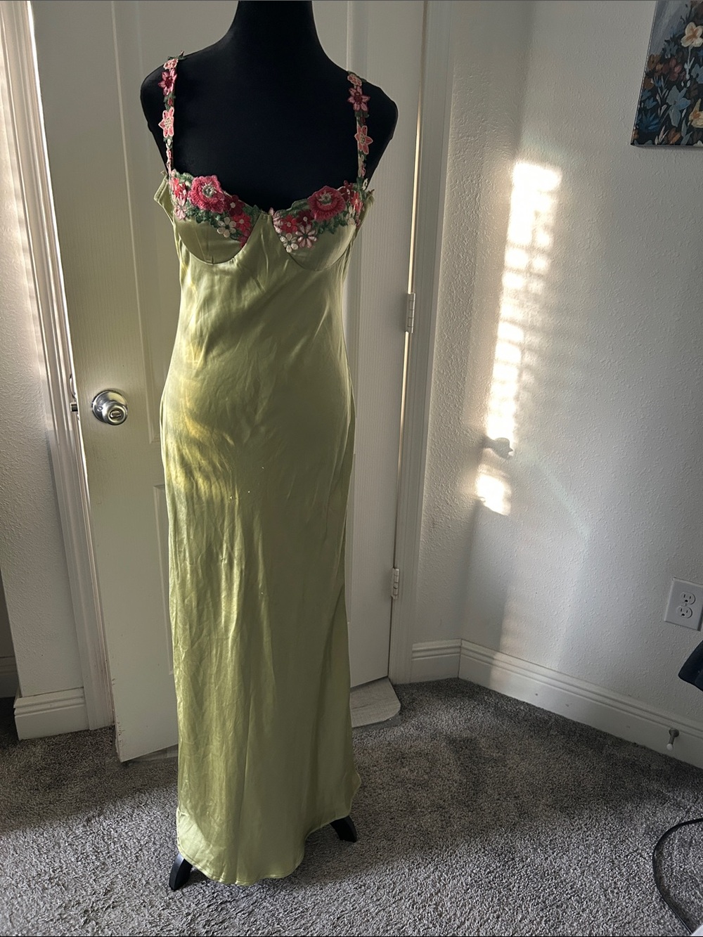 Hello Molly Green Satin Maxi Dress with Pink Floral Trim - Picture 3 of 8